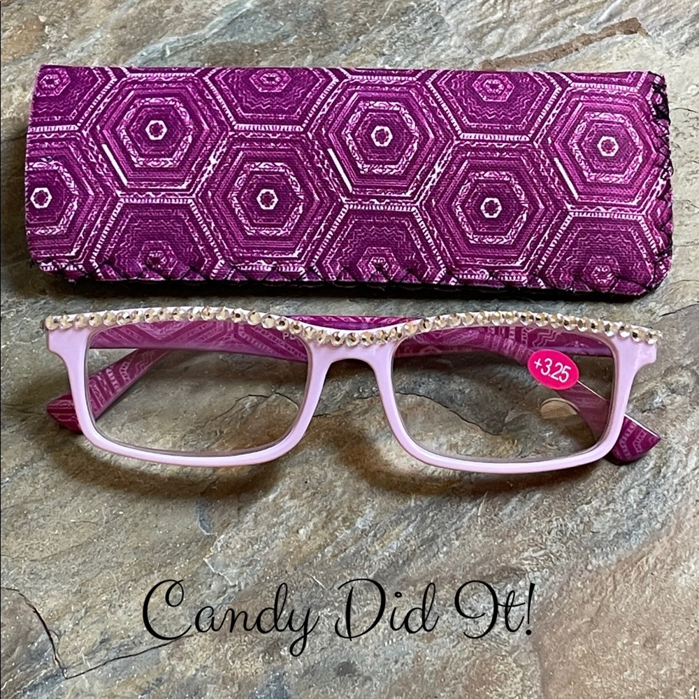 Pink Retro Print Crystal Bling Reader Glasses 3.25